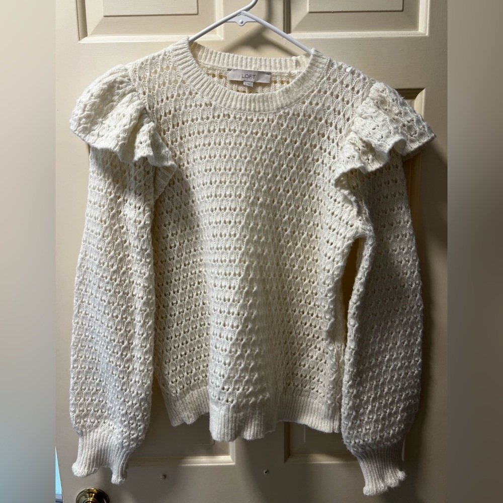 LOFT Cream Crew Neck Sweater with Cable Knit